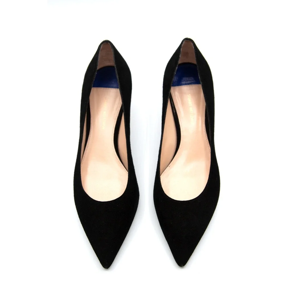 Stuart Weitzman Leigh 45 Black Suede Pointed‎ Toe Kitten Heel Pumps 6M